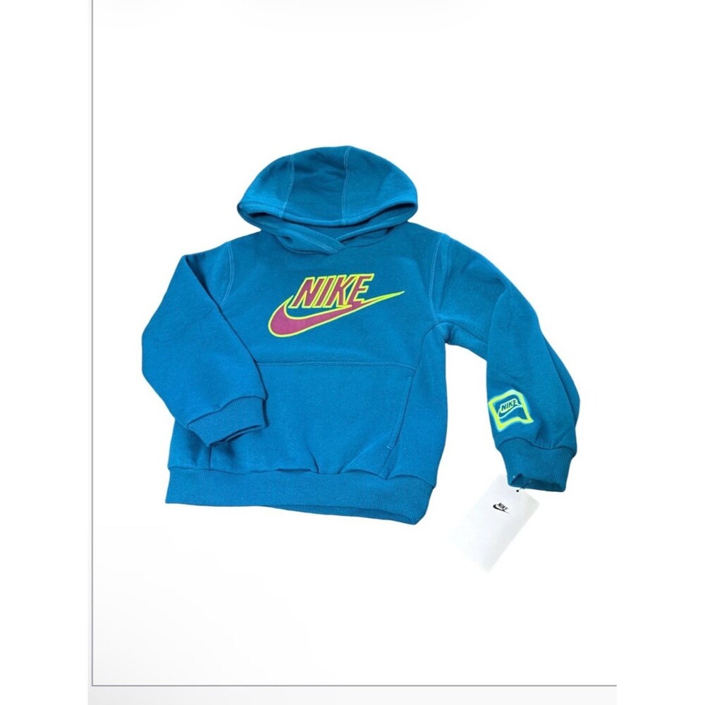 Nike Kids Teal Blue Pullover Hoodie with Neon Logo size 5 new
